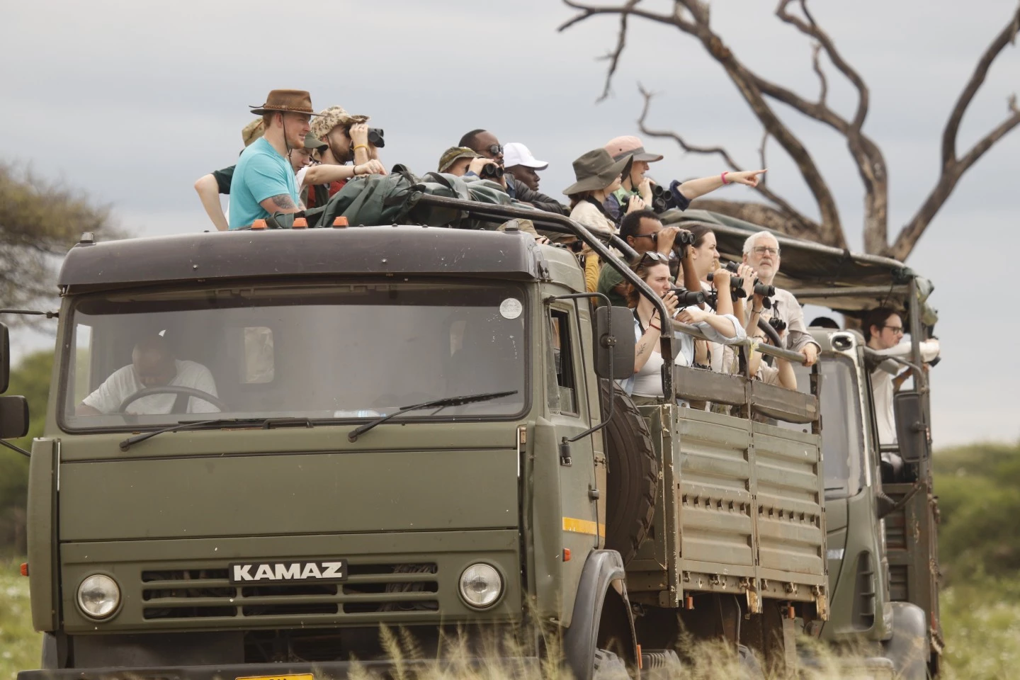 A group of MSc students and tutors looking through binoculars on a truck in Tanzania